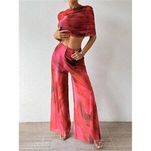 Full Size Tie-Dye Pointed Hem Top and Wide Leg Pants Set